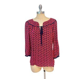 Vineyard Vines Women's Silk Blouse Tunic Top Whale Tail Coral / Navy Blue Small